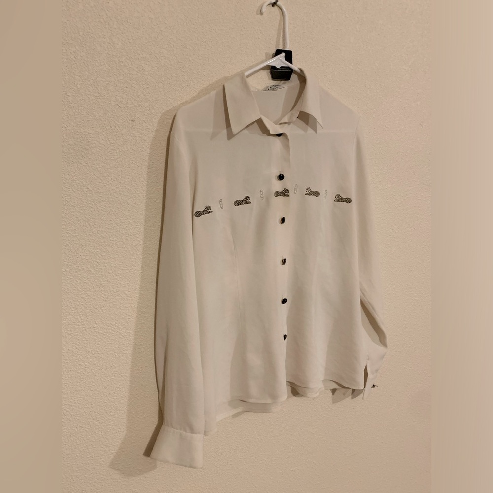 Azzaro blouse sz L cream, leopard/rhinestone accents